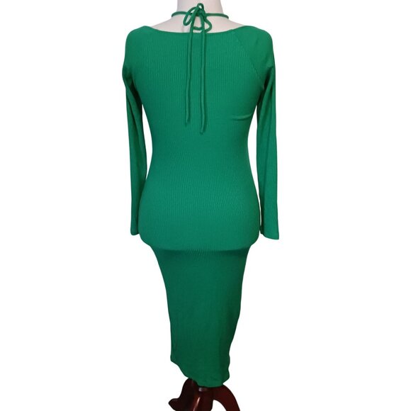 Zara Green LS Ribbed Cut-Out Stretch Midi Dress Size M Bodycon - Picture 8 of 13